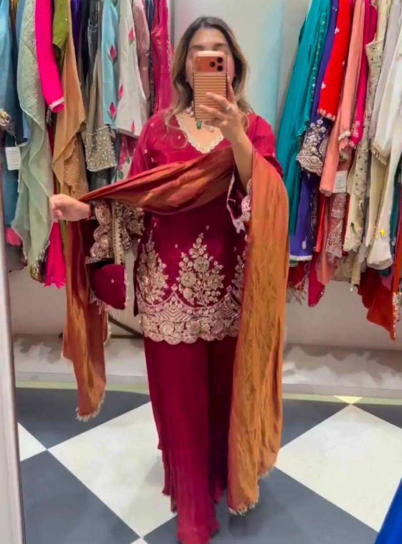 Maroon crepe embroidered palazzo set