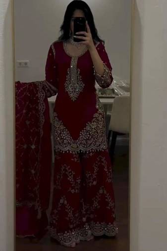 Maroon faux georgette embroidered kurta set