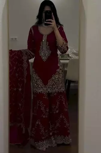 Maroon faux georgette embroidered kurta set