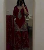 Maroon faux georgette embroidered kurta set