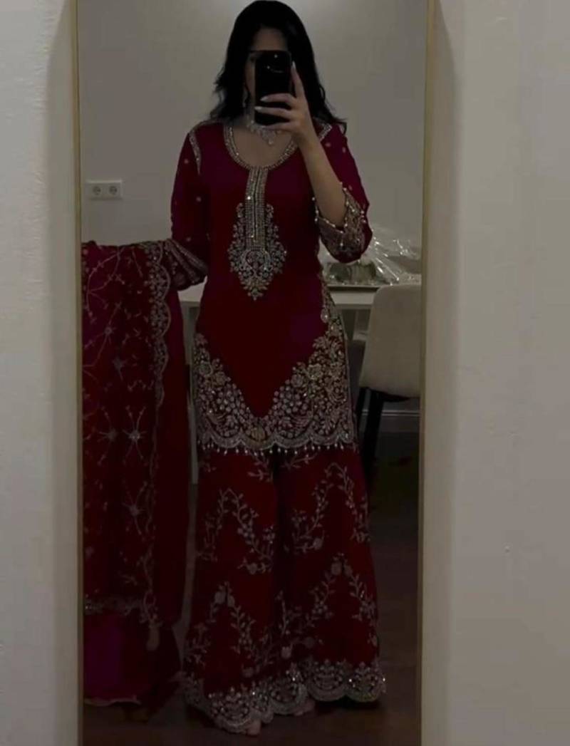 Maroon faux georgette embroidered kurta set