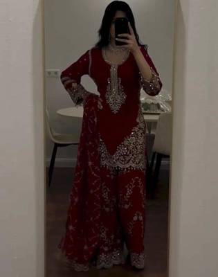 Maroon faux georgette embroidered kurta set 2