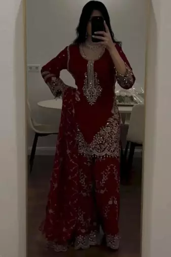 Maroon faux georgette embroidered kurta set