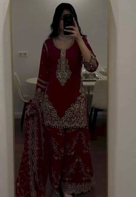 Maroon faux georgette embroidered kurta set 3