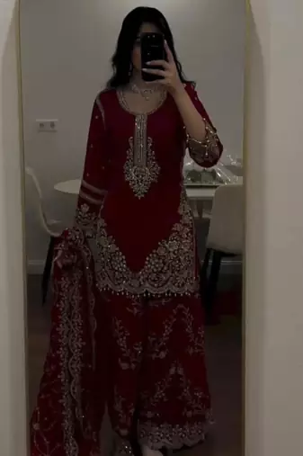 Maroon faux georgette embroidered kurta set