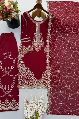 Maroon faux georgette embroidered kurta set
