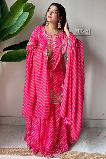 Hot-pink silk blend embroidered sharara set