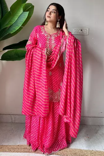Hot-pink silk blend embroidered sharara set