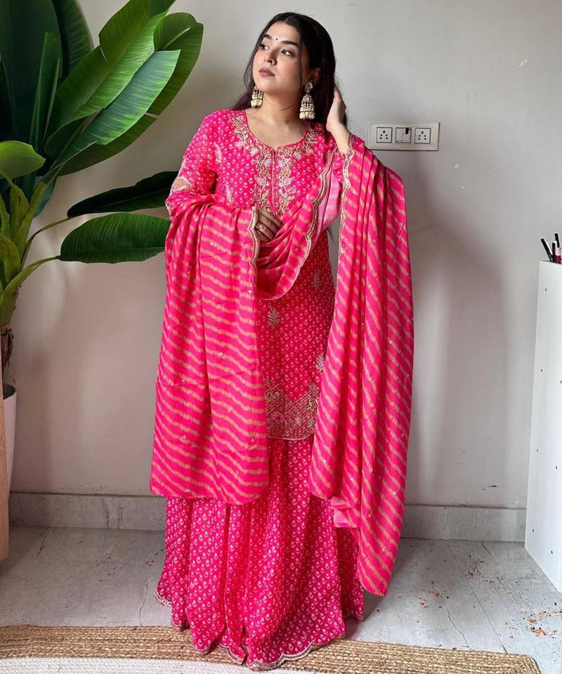 Hot-pink silk blend embroidered sharara set
