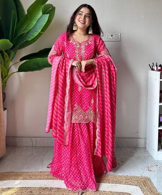 Hot-pink silk blend embroidered sharara set 2