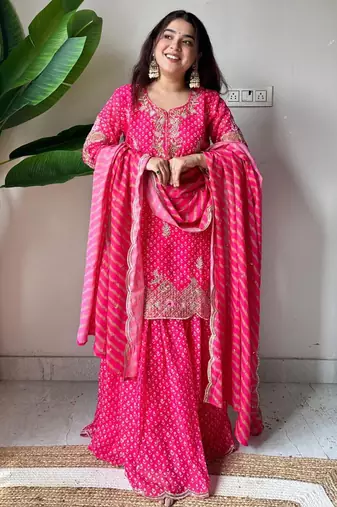 Hot-pink silk blend embroidered sharara set