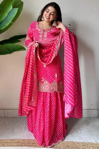 Hot-pink silk blend embroidered sharara set