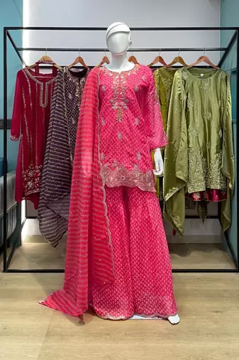 Hot-pink silk blend embroidered sharara set
