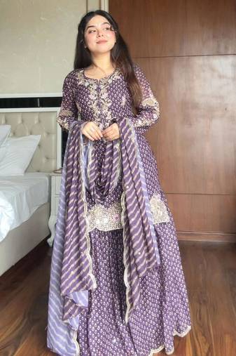 Purple silk blend embroidered sharara set