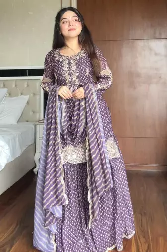 Purple silk blend embroidered sharara set