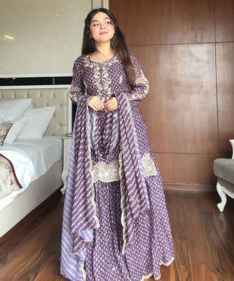 Purple silk blend embroidered sharara set
