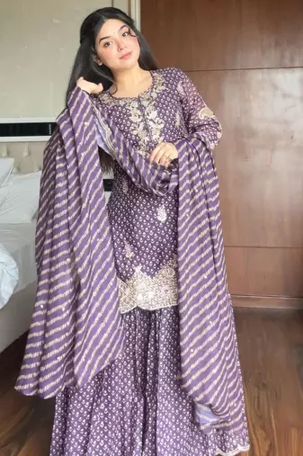 Purple silk blend embroidered sharara set