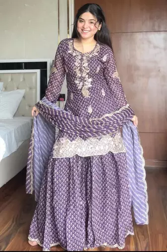 Purple silk blend embroidered sharara set