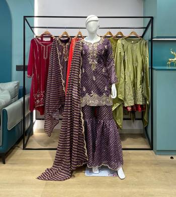 Purple silk blend embroidered sharara set 4