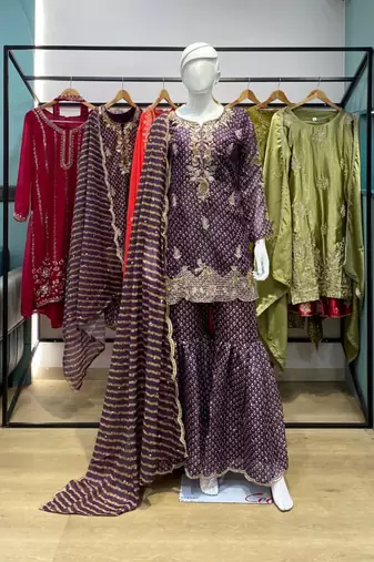 Purple silk blend embroidered sharara set