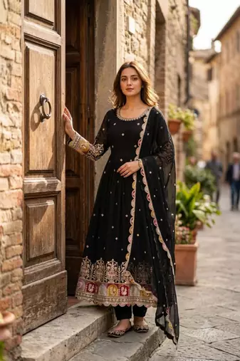 Black faux georgette embroidered flared gown set