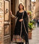 Black faux georgette embroidered flared gown set