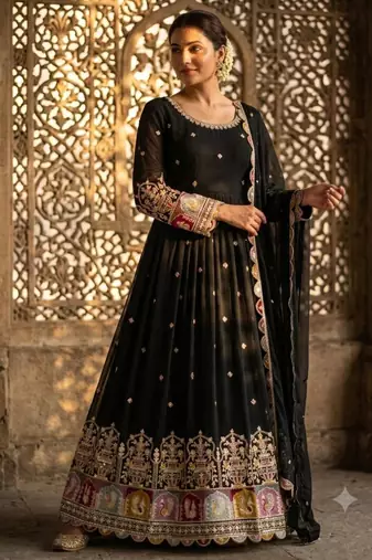 Black faux georgette embroidered flared gown set