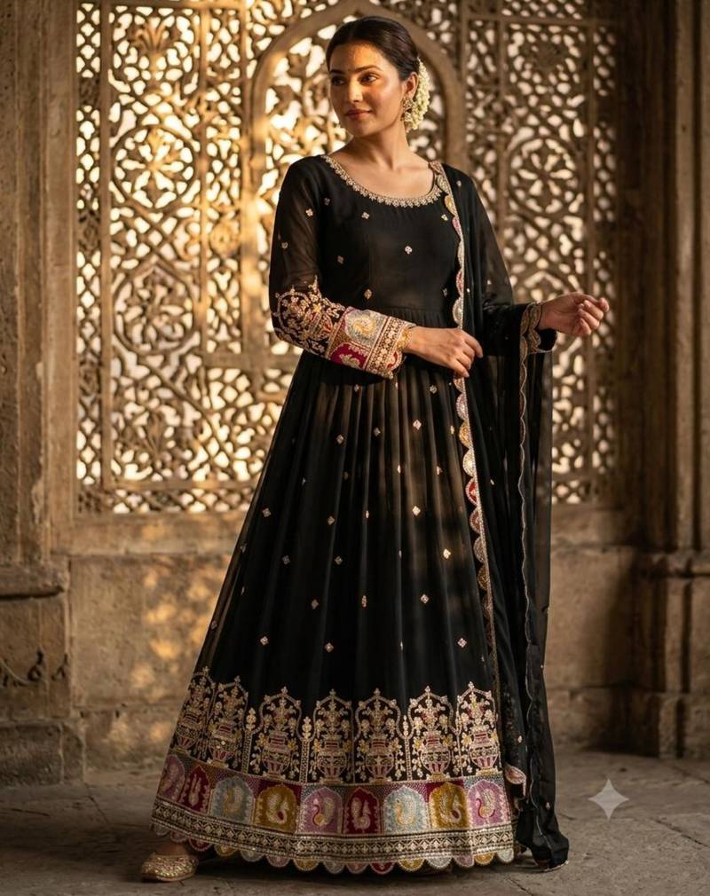 Black faux georgette embroidered flared gown set