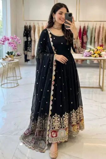 Black faux georgette embroidered flared gown set