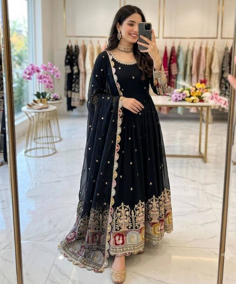 Black faux georgette embroidered flared gown set