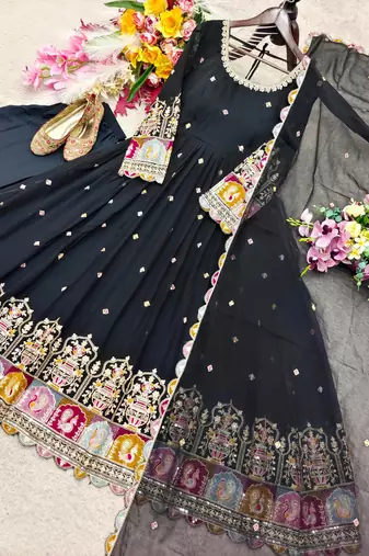 Black faux georgette embroidered flared gown set