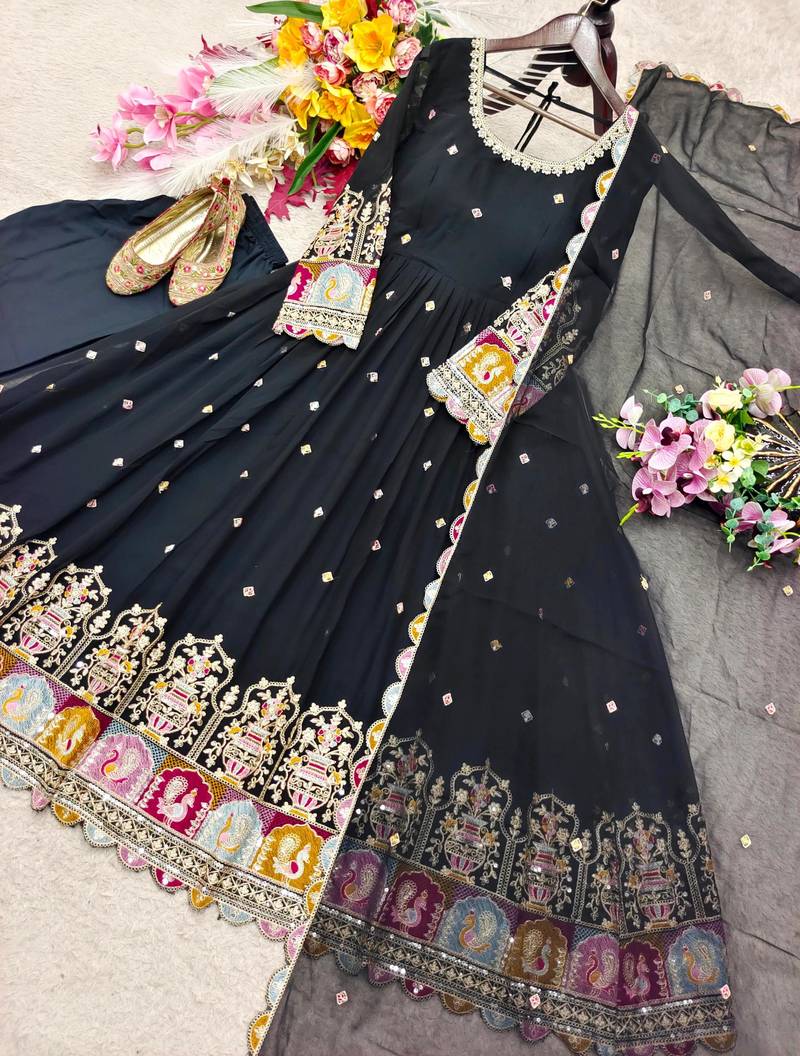 Black faux georgette embroidered flared gown set