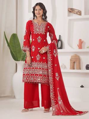 Red faux georgette embroidered palazzo set 1