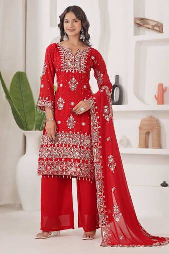 Red faux georgette embroidered palazzo set