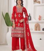 Red faux georgette embroidered palazzo set