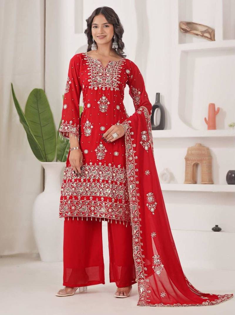 Red faux georgette embroidered palazzo set