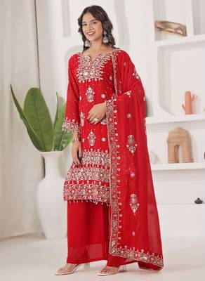 Red faux georgette embroidered palazzo set 2