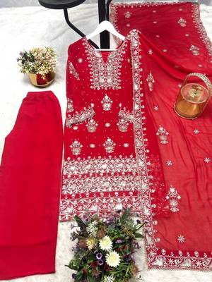 Red faux georgette embroidered palazzo set 3