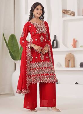 Red faux georgette embroidered palazzo set 4