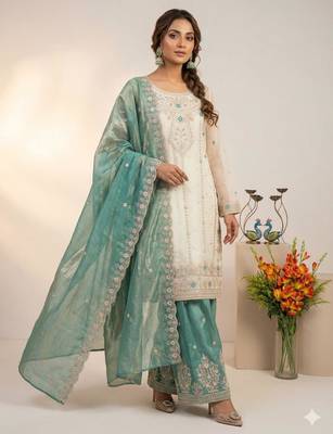 Off-white silk blend embroidered palazzo set 1