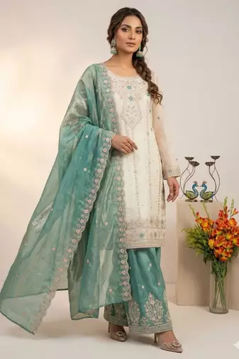Off-white silk blend embroidered palazzo set