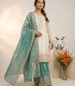 Off-white silk blend embroidered palazzo set