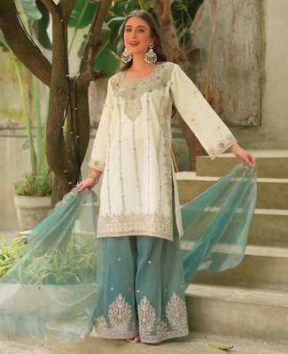Off-white silk blend embroidered palazzo set 3