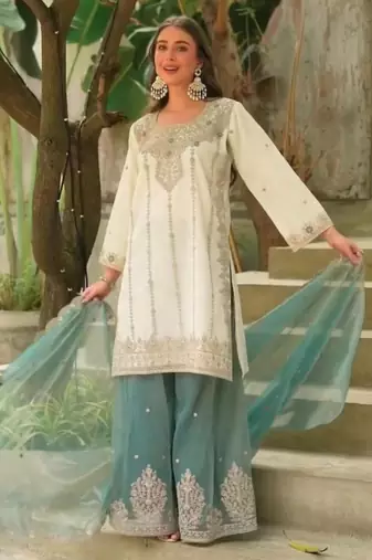 Off-white silk blend embroidered palazzo set