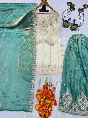 Off-white silk blend embroidered palazzo set 4