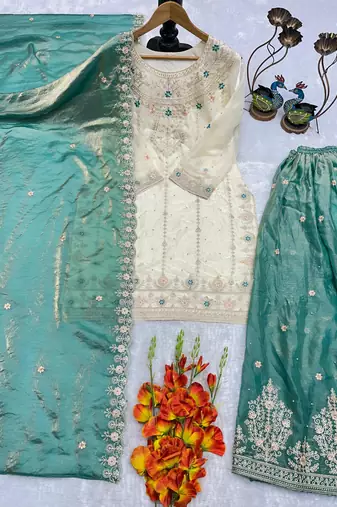 Off-white silk blend embroidered palazzo set