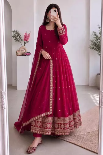 Magenta silk blend embroidered flared gown set
