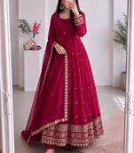 Magenta silk blend embroidered flared gown set