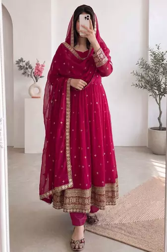 Magenta silk blend embroidered flared gown set