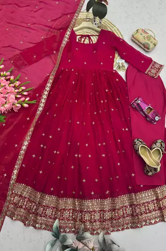 Magenta silk blend embroidered flared gown set